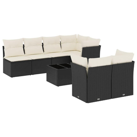 vidaXL Patio Sofa Set with Cushions 8 Piece, Sectional Sofa with Glass Table, Outdoor Conversation Set, Modern Style, Black Poly Rattan