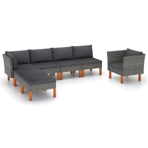 vidaXL Patio Lounge Set 7 Piece, Patio Furniture Set for Outdoor, Sofa with Table, Footstool, Farmhouse Style, Poly Rattan and Eucalyptus Wood Gray