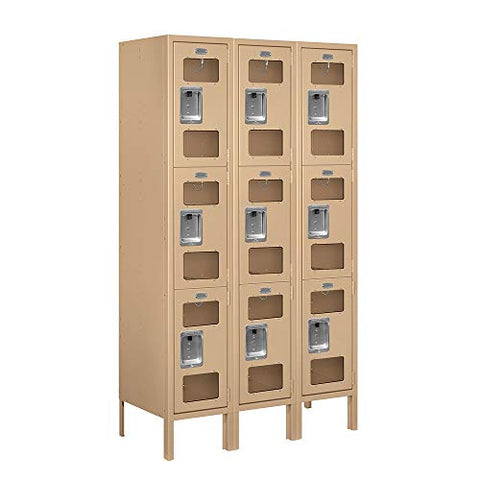 Salsbury Industries S-63355TN-U 12" Triple Tier, 3 Wide x 5 Feet High x 15 Inches Deep, Unassembled See-Through Metal Locker, Tan