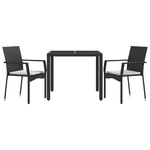 vidaXL 3 Piece Patio Dining Set - Outdoor Furniture with Cushions, Black Poly Rattan - Easy-to-Clean Tempered Glass Tabletop and Powder-Coated Steel Frame