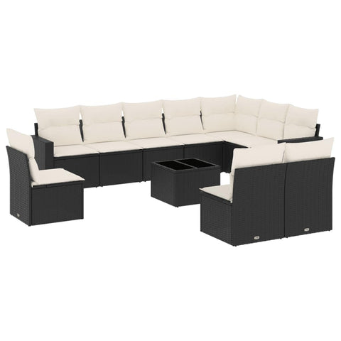 vidaXL Patio Sofa Set with Cushions 11 Piece, Sectional Sofa with Glass Table, Outdoor Conversation Set, Patio Furniture, Black Poly Rattan