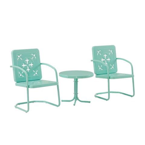 Crosley Furniture Azalea 3-Piece Vintage Outdoor Chair and Side Table Set, Retro Metal Patio Conversation Sets, Aqua Gloss