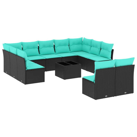 vidaXL Patio Sofa Set with Cushions 12 Piece, Outdoor Conversation Set, Sectional Sofa for Balcony Garden, Modern Style, Black Poly Rattan