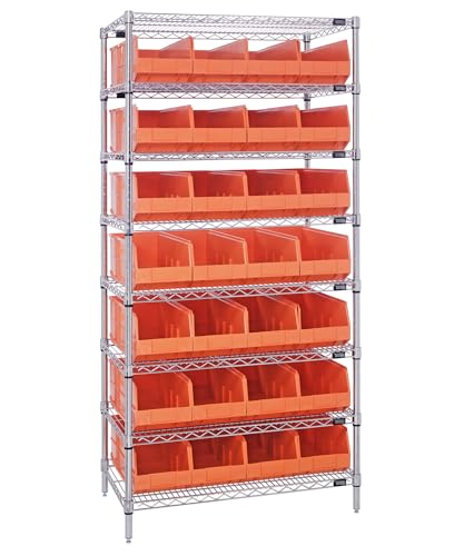 Quantum Storage Systems WR8-443OR Wire Heavy Duty 8 Shelves 28 Stackable Shelf Bins Orange Bins 74" H x 36" W x 14" D