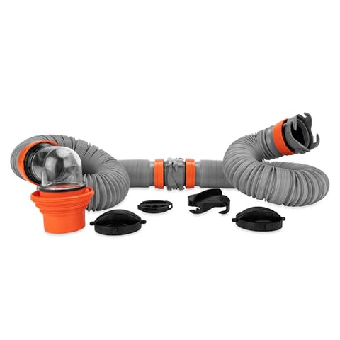 Camco Rhino X 20-Ft Camper/RV Sewer Hose Kit - (2) 10-Ft Heavy Duty RV Septic Hoses - Designed to Hold Shape & Stay in-Place - Includes 4-in-1 RV Adapter & 360° Swivel RV Sewer Hose Fittings (39390)