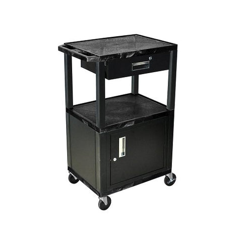 LUXOR WT42C2-B/WTD 42" H AV Cart - 3 Shelves Cab Drawer - Black Leg, 4" Ball Bearing Casters, Two with Locking Brake, Multipurpose Storage for Video Projector, TV, Laptop
