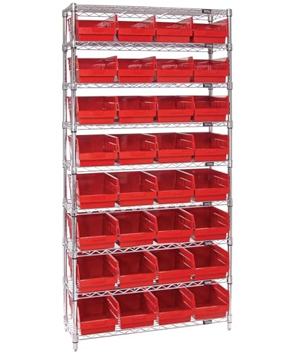 Quantum Storage Systems WR9-214RD 9-Tier Complete Wire Shelving System with 32 QSB214 Red Store-More Bins, Chrome Finish, 24" Width x 36" Length x 74" Height
