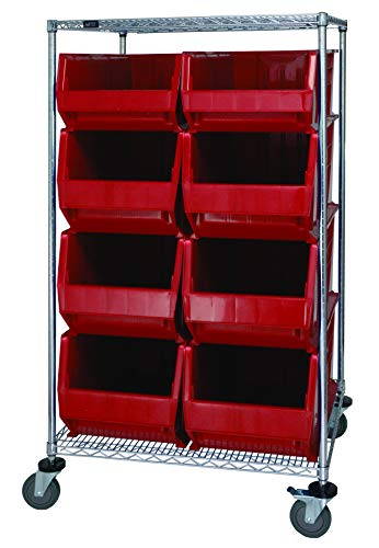 QUANTUM STORAGE SYSTEMS WRC2-63-3036-974976RD Wire Heavy Duty Wheels 2 Shelves 8 HULK Red Bins 69" H x 36" W x 30" D