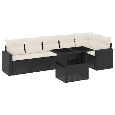 vidaXL Patio Sofa Set with Cushions 7 Piece, Garden Lounge Set, Outdoor Conversation Set, Sectional Sofa for Garden, Modern Style, Black Poly Rattan