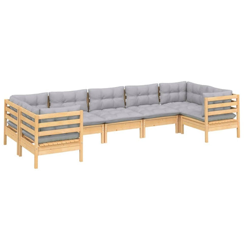vidaXL Solid Pinewood Patio Lounge Set 7 Piece with Gray Cushions Garden Outdoor Lawn Yard Terrace Balcony Wooden Seat Seating Furniture