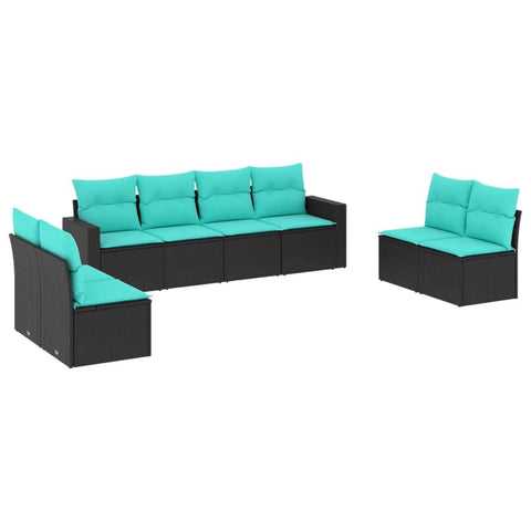 vidaXL Patio Sofa Set - Black Poly Rattan, Blue Cushions, Corner & Center Seating, Weather- Outdoor Furniture for Terrace, Garden, Deck - Modular Design, Removable Covers - 8 Pieces