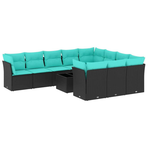 vidaXL Patio Sofa Set with Cushions 11 Piece, Sectional Sofa with Glass Table, Outdoor Conversation Set, Modern Style, Black Poly Rattan