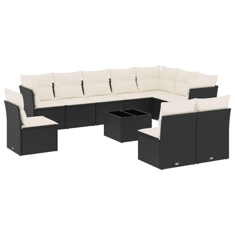 vidaXL Patio Sofa Set with Cushions 11 Piece, Sectional Sofa with Glass Table, Outdoor Conversation Set, Modern Style, Black Poly Rattan