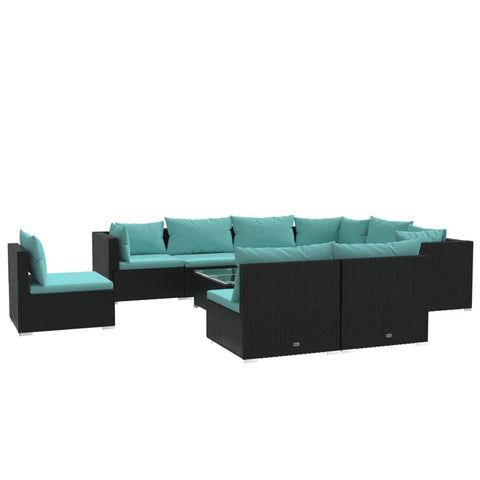 vidaXL Trendy Poly Rattan 9 Piece Patio Lounge Set with Cushions, Black & Water Blue - Durable Outdoor Sofa Set with Modular Design, Weather- Material, Comfortable Padded Seating