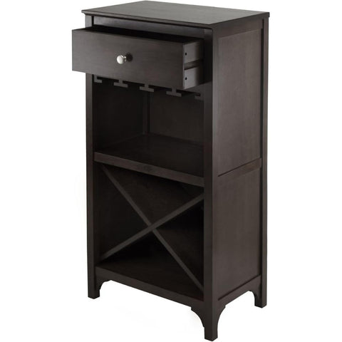 Oakestry Ancona Wine Storage Cabinet Dark Espresso Finish 20 Bottle Capacity Built-in Stemware Holder Open Shelf Compact Design Crafted from Solid Composite Wood Rich Enhances Home Decor