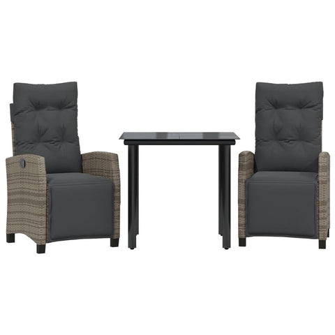 vidaXL 3 Piece Patio Dining Set with Gray Cushions - Poly Rattan Garden Furniture, Tempered Glass Table, Adjustable Reclining Chairs