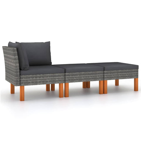 vidaXL 3-Piece Patio Lounge Set/Joyful Gray Poly Rattan Sofa Set with Solid Eucalyptus Wood Legs/Comes with Comfortable, Washable Anthracite Cushions for Relaxation