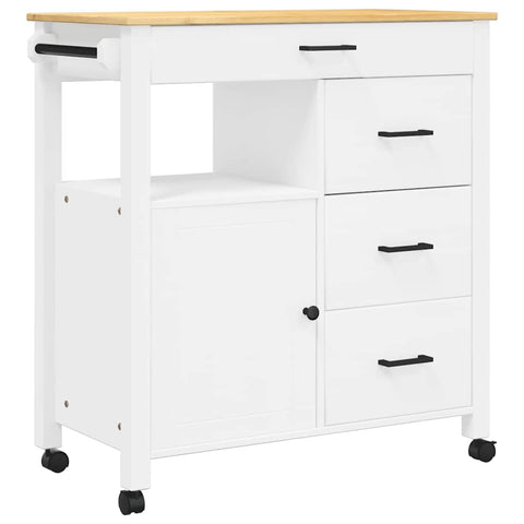 vidaXL Solid Pine Wood Kitchen Trolley - White/Honey Wax, Rolling Storage Cart with Drawers, Cabinet, and Wheels for Home Organization