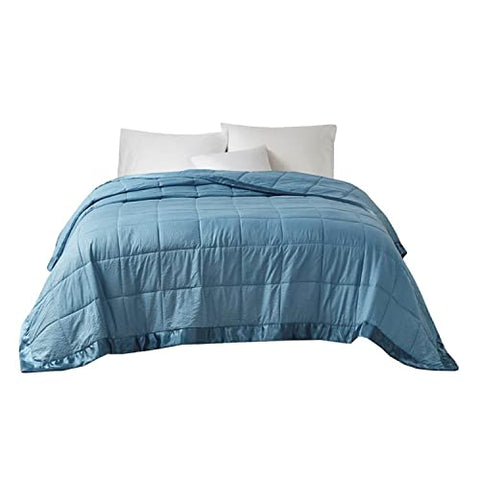 Madison Park Cambria Down Alternative Blanket, Premium 3M Scotchgard Moisture Wicking Treatment, Lightweight and Soft Bed Cover For Summer with Satin Trim, Oversized Full/Queen Slate Blue