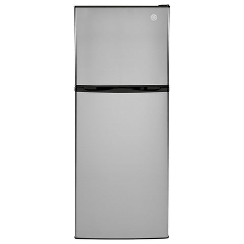 GE GPV10FSNSB 24" Top Freezer Refrigerator with 9.93 cu. ft. Capacity 12V DC Power Only LED Lighting and Adjustable Spillproof Glass Shelves in Stainless Steel and Black