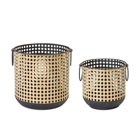 Melrose International Punched Metal Candle Holder with Rattan Design (Set of 2)