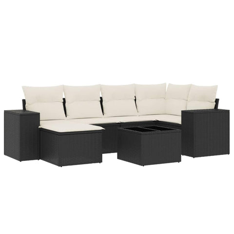 vidaXL 7 Piece Modular Garden Sofa Set with Cushions | Black and Cream Poly Rattan Outdoor Furniture UV Resistant Weather Seating for Glass Table Patio Lounge Pe Sectional
