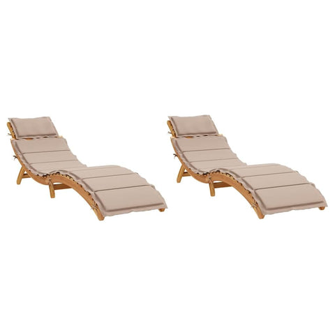 vidaXL Acacia Wood Sun Loungers with Cushions - Set of 2, Taupe, Foldable Outdoor Poolside Patio Garden Deck Recliners with Pillows