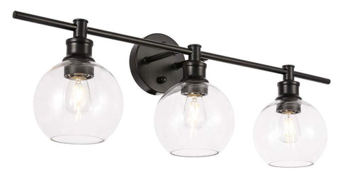 Living District Collier Industrial Mid-Century Modern 3 Light Entryway and Bathroom Wall Sconce in Black and Clear Glass