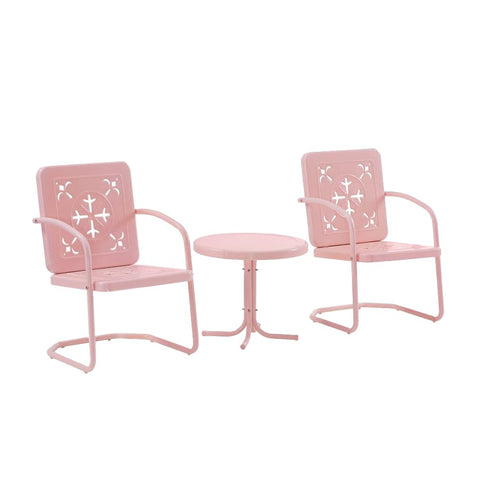 Crosley Furniture Azalea 3-Piece Vintage Outdoor Chair and Side Table Set, Retro Metal Patio Conversation Sets, Pastel Pink Gloss