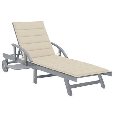 vidaXL Acacia Wood Sun Lounger with Cushion - Adjustable Chaise Lounge Chair for Pool, Garden, Patio Use - Gray/Beige