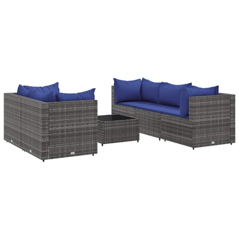 vidaXL 6 Piece Patio Lounge Set with Cushions - Gray Poly Rattan, Modular Outdoor Furniture for Garden/Patio/Deck, Tempered Glass Table