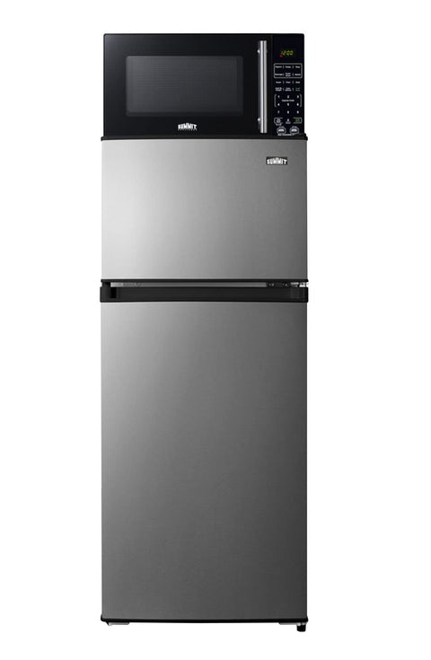 Mid-sized refrigerator-freezer in a stainless steel steel look and black microwave with built-in allocator with brackets included (ships in 3 boxes on one pallet)