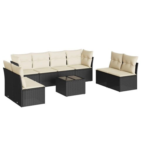 vidaXL Patio Sofa Set with Cushions 9 Piece, Patio Furniture with Glass Table, Outdoor Conversation Set, Modern Style, Black Poly Rattan