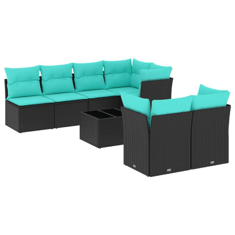 vidaXL Patio Sofa Set with Cushions 8 Piece, Sectional Sofa with Glass Table, Outdoor Conversation Set, Modern Style, Black Poly Rattan