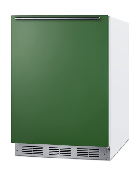 ADA height 24 refrigerator-freezer for residential use with emerald green door stainless steel handle and white cabinet