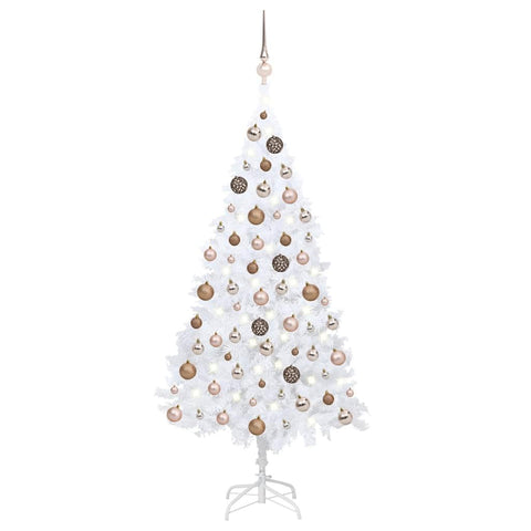 vidaXL 59.1" White Artificial Christmas Tree with LEDs, Rose Gold Ball Set, and USB Connector- PVC Material, Extra Thick Branches - Ideal for Holiday Decorations