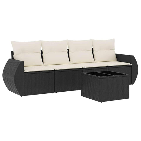 vidaXL Patio Sofa Set with Cushions 5 Piece, Sectional Sofa with Glass Table, Outdoor Conversation Set, Modern Style, Black Poly Rattan
