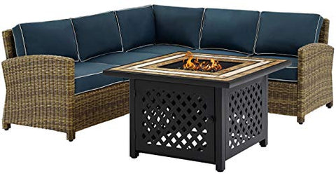 Bradenton 4Pc Wicker Outdoor Sectional Set W/ Fire Table Weathered Brown/Navy - Right Corner Loveseat, Left Corner Loveseat, Corner Chair, & Tucson Fire Table
