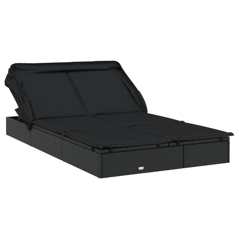 vidaXL - 2-Person Black Poly Rattan Sunbed with Foldable Roof and Cushions - Outdoor Daybed 83.9"x 46.5"x 38.2" for Patio, Garden, Balcony
