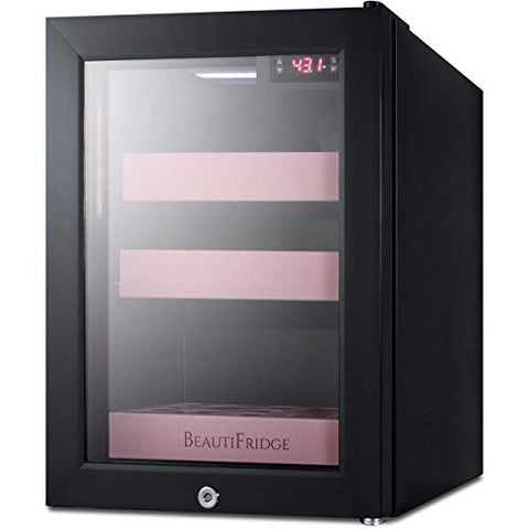 Summit Appliance LX114LP BeautiFridge Compact Cosmetics Cooler, Black Finish with Pink Adjustable Shelves, Digital Thermostat, Automatic Defrost, Factory Lock, Tempered Glass Door