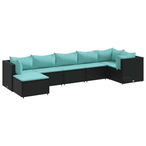 vidaXL 7 Piece Patio Lounge Set - Black Poly Rattan, Water-Blue Cushions, Modular Design, with Footstool and Powder-Coated Steel Frame for Garden, Terrace, Deck