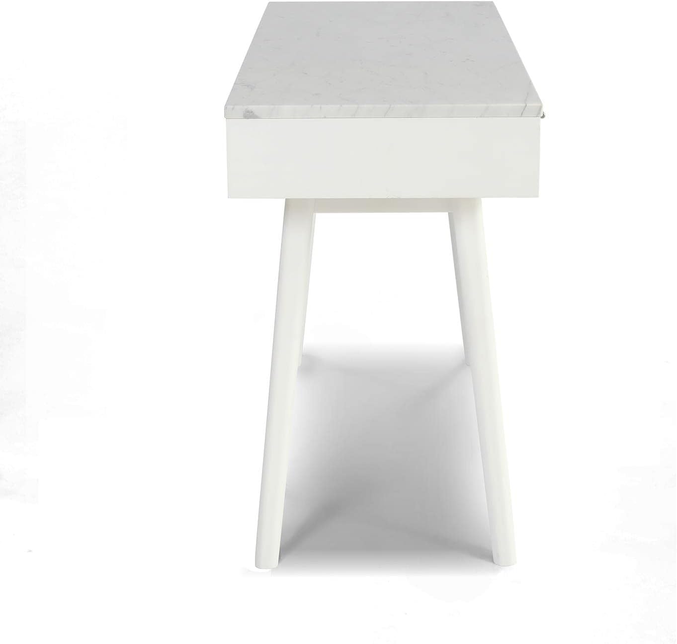 Bianco Contemporary Durable Viola Italian Carrara White Marble Writing Desk with Storage & White Legs - 44", Rectangular