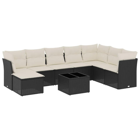 vidaXL Patio Sofa Set with Cushions 9 Piece, Sectional Sofa with Glass Table, Outdoor Conversation Set, Modern Style, Black Poly Rattan