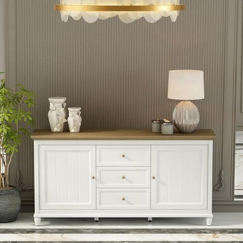 Oakestry Chenon Sideboard White and Brown Solid Wood Buffet Cabinet Modern Storage Console Handcrafted Dining Room Side Cabinet with Drawers Shelves Durable Teak Furniture for Home Decor Kitchen