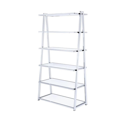 Acme Coleen Leaning Bookcase in White High Gloss and Chrome