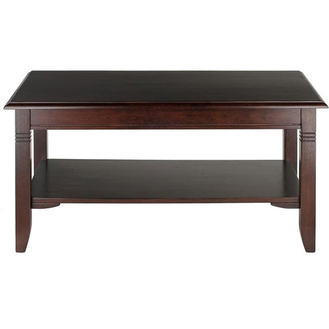 Oakestry Nolan Coffee Table Cappuccino Solid and Composite Wood Construction with Lower Shelf for Living Room or Office Elegant Rectangular Design with Beveled Edges and Tapered Legs