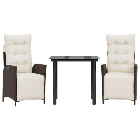 vidaXL 3 Piece Patio Dining Set - Reclining Brown PE Rattan Chairs, Black Glass Table, Cushions