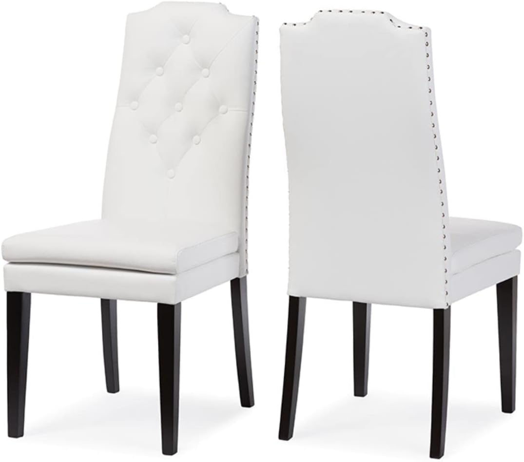 Baxton Studio Dylin Dining Chair and Dining Chair White Faux Leather Button-Tufted Nail heads Trim Dining Chair