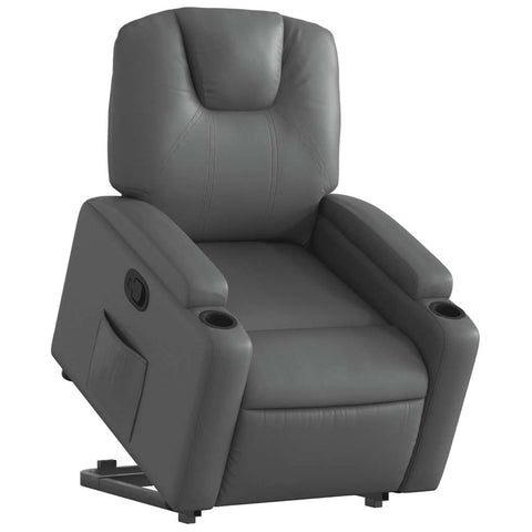 vidaXL Power Lift Assist Recliner Chair - Gray Faux Leather Manual Recline, Cup Holders, Side Pocket, 242.5 lb Capacity