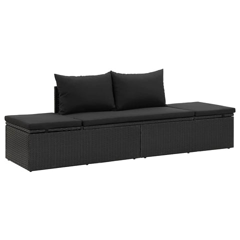 vidaXL Outdoor Poly Rattan Patio Lounge Chair - Black Sunbed with Adjustable Sides, Washable Cushions, Comfortable Waist Pillows, Powder-Coated Steel